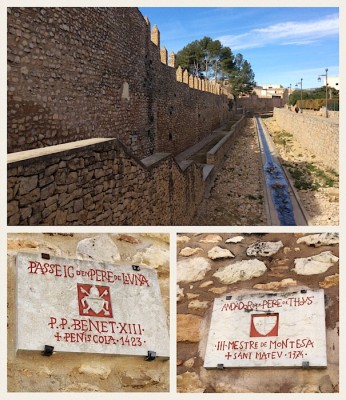 An der alten Stadtmauer begegnen uns noch einmal Papst Benedict XIII <br />und Pere de Thous, der Großmeister des Monteser Ordens.  <br />Ob sie auch hier am Rio del Palacio lustwandelt sind?