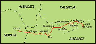 Die erste Strecke des Vay zwischen Yecla und Muro de Alcoy, (gemeinfrei).<br />Urheber: Qoan (Enrique Íñiguez Rodríguez)/Wikipedia