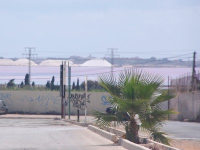 Blick auf die Salzberge hinter der Lagune von Torrevieja