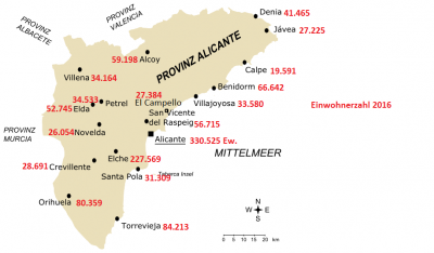 Die größten Städte der Provinz Alicante<br />Quelle: Wikipedia, Autor: Rodriguillo<br />Lizenz: CC BY-SA 2.5 es<br />Änderungen:Den fehlenden Ort El Campello hinzugefügt sowie die Einwohnerzahlen 2016 <br />© Oliva B.