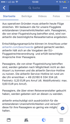 Veröffentlichung von Air Berlin auf Facebook