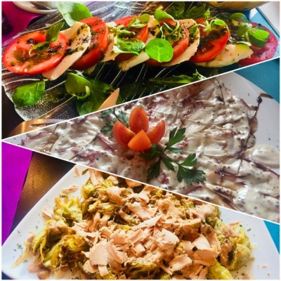 Entradas.JPG (180.08 KiB) 3135 mal betrachtet Ensalada con Mozzarella fresca, tomate y albahaca<br />Carpaccio de Pulpo con mostaza a la antigua y citricos<br />Alachofitas crujientes al Foie