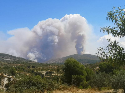 So sieht es jetzt von Westen aus, 17 km Luftlinie vom Brandherd entfernt.<br />Das Feuer hat schon unser Tal erreicht...