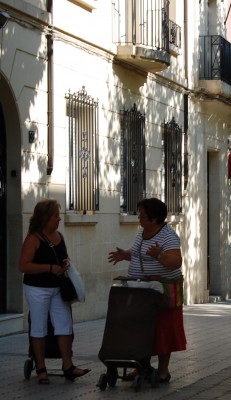 Junge und Alte gehen mit ihrem Wägelchen einkaufen.
